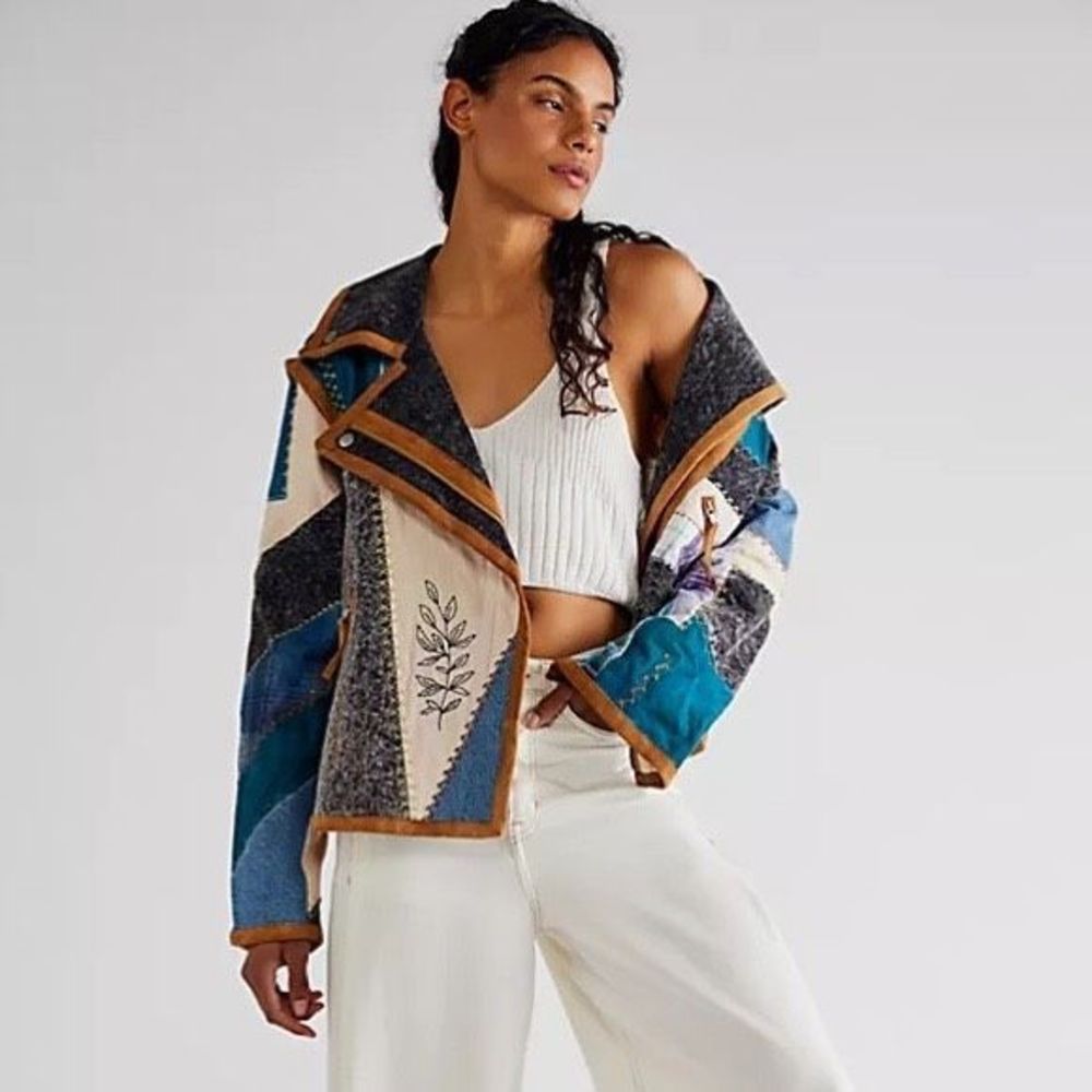 We The Free by Free People Leia Denim Patched Moto Jacket - Picture 1 of 12